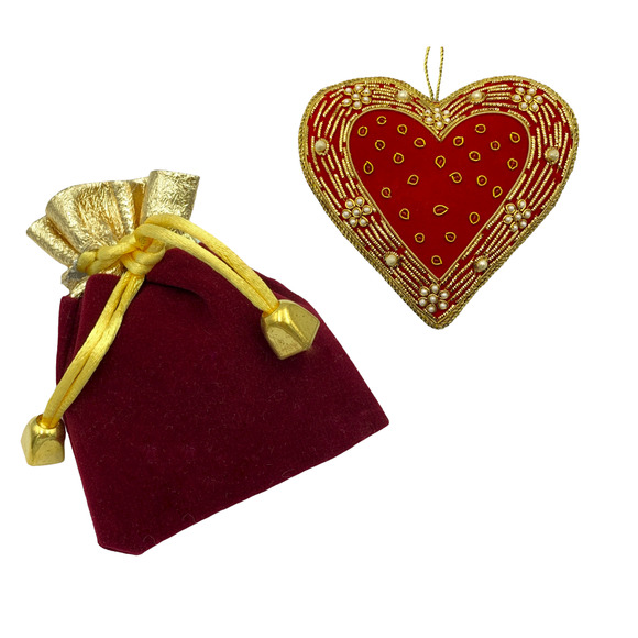 Zari Red Heart Christmas Ornament, Zardozi Embroidery, Gift Bag - Picture 2 of 5